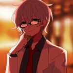  1boy benjamin_(project_moon) black_shirt closed_mouth collared_shirt commentary_request dusk er_hea glasses green_eyes grey_hair hair_between_eyes lab_coat lobotomy_corporation long_sleeves looking_at_viewer male_focus necktie project_moon rectangular_eyewear red_necktie shirt short_hair smile solo 