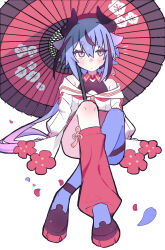  1other a.i._voice ankleband asymmetrical_legwear bare_shoulders belt beret black_horns black_streaks blue_hair blue_pantyhose blush closed_mouth collar commentary contrast_collar dress expressionless feet flower full_body gradient_hair hair_flaps hat headset highres horned_hat horns jitome knees_up leg_warmers long_hair low_ponytail meika_mikoto meika_mikoto_(a.i._voice_2) multicolored_hair off-shoulder_dress off_shoulder oil-paper_umbrella pantyhose petals pink_eyes pink_hair platform_shoes plum_blossoms ponytail print_umbrella puffy_sleeves red_collar red_hat red_leg_warmers sailor_collar shade shoes short_eyebrows sidelocks simple_background single_leg_pantyhose single_leg_warmer sitting solo streaked_hair sukenoota tanzaku thigh_belt thigh_strap umbrella umbrella_over_shoulder very_long_hair vocaloid white_background white_dress white_sailor_collar 