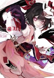  1girl absurdres aiming armpits bare_shoulders bell bent_over black_choker black_gloves black_hair black_sash blunt_bangs butterfly-shaped_pupils choker commentary_request dress fingernails fox_mask from_side gloves gmpoo93 gun highres holding holding_gun holding_weapon honkai:_star_rail honkai_(series) long_hair mark_under_both_eyes mask mask_on_head nail_polish neck_bell pink_eyes red_dress red_nails red_sleeves sash single_glove solo sparkle sparkle_(honkai:_star_rail) symbol-shaped_pupils twintails very_long_hair weapon white_background wrist_bell 