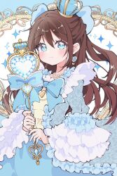  1girl blue_border blue_crown blue_dress blue_eyes border brown_hair closed_mouth commentary_request cowboy_shot crown dress earrings frilled_dress frilled_sleeves frills gem_wand half_updo heart heart_border heart_earrings heart_wand highres holding holding_wand jewelry kam_tuki long_hair long_sleeves love_live! love_live!_nijigasaki_high_school_idol_club osaka_shizuku smile solo sparkle tilted_headwear wand white_background wide_sleeves 