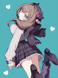  1girl alternate_eye_color aqua_background arm_bow black_bow black_hat black_scarf black_shoes blue_eyes blush bow breasts brown_hair commentary_request grey_sweater hair_intakes hair_ornament hairclip hat heart hewdrawobake highres horned_hat index_fingers_together large_breasts leg_warmers long_hair long_sleeves looking_at_viewer looking_back nijisanji open_mouth plaid_clothes plaid_skirt pom_pom_(clothes) purple_leg_warmers purple_skirt ribbed_sweater scarf shoes simple_background skirt smile solo suzuhara_lulu suzuhara_lulu_(4th_costume) sweater thighs virtual_youtuber 