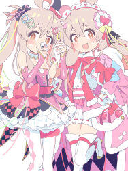 2girls :d absurdres achat ahoge bloomers blush boots bow bowtie brown_eyes card checkered_clothes clover_print commentary_request cowboy_shot detached_sleeves diamond_(shape) diamond_print dress dual_persona frilled_dress frills gloves heart heart_wand highres holding_hands joker_(playing_card) leg_up looking_at_viewer multiple_girls onii-chan_wa_oshimai! open_mouth oyama_mahiro pink_hair pink_sleeves playing_card ribbon simple_background smile spade_(shape) standing standing_on_one_leg thigh_boots white_background white_bloomers white_gloves