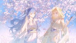  2girls absurdres alternate_costume bang_dream! bang_dream!_it's_mygo!!!!! blonde_hair blue_hair cherry_blossoms chinese_commentary closed_mouth commentary_request commission cowboy_shot flower hair_flower hair_ornament hand_up highres japanese_clothes kimono long_hair long_sleeves looking_at_another medium_hair misumi_uika multiple_girls obi outdoors petals sash second-party_source sidelocks sky smile standing tang_fen_buzu togawa_sakiko two_side_up violet_eyes white_kimono wide_sleeves yellow_eyes 