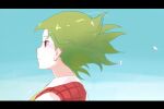  1girl blue_background closed_mouth commentary floating_hair gradient_background green_hair kazami_yuuka letterboxed looking_afar petals red_eyes short_hair solo symbol-only_commentary tohoyuukarin touhou upper_body 