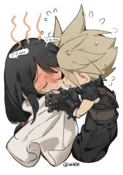  1boy 1girl 4k1030 absurdres armor baggy_pants black_gloves black_hair black_pants black_sweater blanket blonde_hair blush breath chibi chibi_only closed_eyes closed_mouth cloud_strife commentary covering_with_blanket english_commentary english_text final_fantasy final_fantasy_vii final_fantasy_vii_remake flying_sweatdrops from_side gloves head_steam highres long_hair looking_at_another low-tied_long_hair pants profile shoulder_armor sick sleeveless sleeveless_turtleneck speech_bubble spiky_hair sweat sweatdrop sweater tifa_lockhart turtleneck turtleneck_sweater twitter_username white_background 