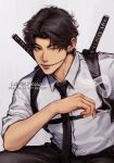  1boy artist_name black_eyes black_hair black_necktie chainsaw_man chest_harness cigarette collared_shirt ear_piercing formal harness highres holding holding_cigarette kishibe_(chainsaw_man) kishibe_(young)_(chainsaw_man) leaning_forward lovelykujo male_focus necktie one_eye_closed parted_bangs piercing shirt short_hair simple_background sleeves_rolled_up smoke solo stitched_mouth stitches suit weapon weapon_on_back white_background white_hair white_shirt 