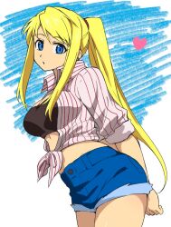  1girl arms_behind_back bandeau black_bandeau blonde_hair blue_eyes breasts collared_shirt commentary_request denim denim_shorts fullmetal_alchemist heart highres long_hair looking_at_viewer medium_breasts midriff oyu_(umyu13137) ponytail shirt shorts sidelocks simple_background sleeves_rolled_up solo solo_focus striped_clothes striped_shirt tied_shirt vertical-striped_clothes vertical-striped_shirt winry_rockbell 