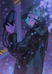  1girl aqua_hair black_choker black_hair blunt_bangs bob_cut cable caution_tape cherry_blossoms choker coat colored_inner_hair commentary dappled_moonlight dark expressionless falling_petals film_grain from_above from_behind from_side green_coat half-closed_eyes hand_up headphones highres holding holding_headphones hood hood_down kyoutu looking_back looking_to_the_side looking_up messy_hair moonlight multicolored_hair nira-chan outdoors parted_lips petals pink_petals raised_eyebrows road shaded_face short_hair sidewalk solo standing underlighting upper_body upturned_eyes utility_pole wavy_hair wind zutto_mayonaka_de_ii_no_ni 