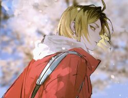  1boy absurdres black_hair blonde_hair cherry_blossoms closed_mouth haikyuu!! hair_behind_ear highres hood jacket kozume_kenma looking_back male_focus multicolored_hair outdoors parted_bangs profile red_jacket roots_(hair) solo spendthesummer unfinished upper_body yellow_eyes 