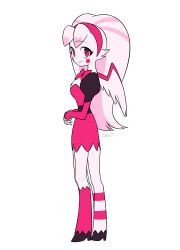 1girl absurdres belt black_belt black_sleeves bow bowtie breasts brown_eyes circle_facial_mark closed_mouth colored_inner_hair commentary_request dress elbow_gloves extra_legs facial_mark fingerless_gloves flat_color frilled_dress frills from_side full_body furry furry_female gloves gradient_eyes hairband hazbin_hotel hellaverse highres hooves horns kneehighs long_hair looking_at_viewer looking_back menma_(enaic31) molly_(hazbin_hotel) multicolored_eyes multicolored_hair no_nose no_pupils own_hands_together pink_bow pink_bowtie pink_dress pink_eyes pink_gloves pink_hair pink_hairband pink_socks pink_streaks pink_wings puffy_short_sleeves puffy_sleeves raglan_sleeves short_dress short_sleeves signature simple_background small_breasts smile socks solo standing streaked_hair tareme traditional_bowtie two-tone_eyes two-tone_hair two-tone_wings white_background white_fur white_hair white_socks white_wings wings 