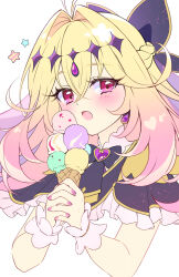  1girl antenna_hair black_bow black_capelet blonde_hair bow brooch capelet commentary cure_arcana_shadow food frilled_capelet frilled_cuffs frills gradient_hair hair_bow hair_intakes heart heart_brooch highres holding holding_food holding_ice_cream holding_ice_cream_cone ice_cream ice_cream_cone jewelry karen_(navy_42) long_hair looking_at_viewer magical_girl meitantei_precure! moria_luluka multicolored_hair open_mouth precure purple_veil purple_wrist_cuffs simple_background solo untranslatable_commentary veil violet_eyes white_background wrist_cuffs zooming_in 