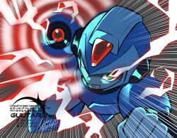  1boy arm_cannon armor blue_armor blue_helmet forehead_jewel green_eyes guutara helmet highres male_focus mega_man_(series) mega_man_x_(series) motion_lines solo speed_lines weapon x_(mega_man) 