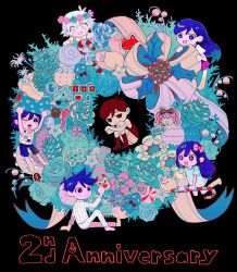  +_+ 2girls 4boys anniversary antenna_hair arms_up aubrey_(headspace)_(omori) aubrey_(omori) barefoot basil_(headspace)_(omori) basil_(omori) black_background black_eyes black_hair black_socks black_tank_top blue_shirt blush bow bright_pupils brother_and_sister brothers candy candy_cane captain_spaceboy checkered_clothes chibi chibi_only christmas_wreath closed_mouth collared_shirt colored_skin commentary double-parted_bangs flower flower_wreath food forest_bunny_(omori) green_eyes green_hair hair_between_eyes hair_bow head_wreath hector_(omori) hero_(headspace)_(omori) hero_(omori) highres holding holding_candy holding_candy_cane holding_food humphrey_(omori) kel_(headspace)_(omori) kel_(omori) knee_up knees_up lily_of_the_valley living_bread_(omori) long_hair long_shirt mari_(headspace)_(omori) mari_(omori) mewo milkymilkyshark multiple_boys multiple_girls omori one_eye_closed open_mouth pajamas pants pet_rock pink_bow pleated_skirt pluto_(omori) purple_hair purple_shorts red_skirt rose shirt short_hair short_sleeves shorts siblings sidelocks simple_background sitting skirt smile snaley_(omori) snow_angel_(omori) socks something_(omori) sprout_mole striped_clothes striped_pajamas striped_pants striped_shorts sweetheart_(omori) t-shirt tank_top vertical-striped_clothes vertical-striped_pajamas vertical-striped_pants vertical-striped_shorts violet_eyes white_pajamas white_pants white_pupils white_shirt white_shorts white_skin wreath yellow_shirt 