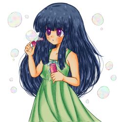 1girl :o bare_arms bare_shoulders blowing_bubbles blue_hair blunt_bangs blunt_ends blush bubble bubble_wand commentary corrupted_twitter_file cowboy_shot dress flat_chest furude_rika green_dress hand_up highres higurashi_no_naku_koro_ni hime_cut holding long_hair nekotorine open_mouth ribbon simple_background sleeveless sleeveless_dress solo upper_body violet_eyes white_background white_ribbon 