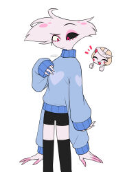  1boy 1girl :d absurdres angel_dust arms_at_sides black_sclera black_shorts black_thighhighs blonde_hair blue_sweater circle_facial_mark cocked_eyebrow colored_inner_hair colored_sclera colored_skin commentary_request cowboy_shot curtained_hair double_thumbs_up eyeshadow facial_mark fang fewer_digits flat_color furry furry_male hand_on_own_chest hand_up hazbin_hotel heart heart_print hellaverse highres long_sleeves makeup male_focus menma_(enaic31) multicolored_hair notice_lines official_alternate_costume open_mouth pink_eyes pink_eyeshadow pink_sclera puffy_long_sleeves puffy_sleeves raised_eyebrow red_hair short_hair short_shorts shorts signature simple_background sleeveless sleeveless_turtleneck sleeves_past_wrists smile solo_focus standing sweater swept_bangs teeth thigh-highs thumbs_up turtleneck two-tone_hair upper_teeth_only white_background white_fur white_skin 