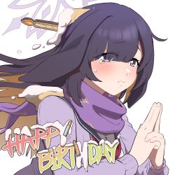  1girl animal_ears backscratcher777 black_hair blonde_hair blue_archive blue_sailor_collar blush cake cardboard cardigan colored_inner_hair commentary crying english_text food food_on_head from_side hair_over_one_eye halo happy_birthday highres long_hair looking_at_viewer looking_to_the_side lop_rabbit_ears multicolored_hair neckerchief object_on_head own_hands_together portrait purple_cardigan purple_halo purple_scarf rabbit_ears rabbit_girl red_neckerchief sailor_collar scarf school_uniform see-through_cleavage see-through_clothes serafuku simple_background snot solo tears tsukuyo_(blue_archive) two-tone_hair violet_eyes white_background white_serafuku 