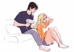  1boy 1girl absurdres bare_arms bare_legs barefoot black_hair blonde_hair blue_eyes boruto:_naruto_next_generations boruto_(series) closed_eyes couch couple feet foot_focus hair_dryer highres husband_and_wife knees_up legs_together light_smile lips lipstick makeup naruto:_the_last naruto_(series) naruto_shippuuden on_couch pajamas pale_skin pink_lips sai_(naruto) shirt short_shorts shorts sitting smile t-shirt thighs toes xmonday_mintx yamanaka_ino 