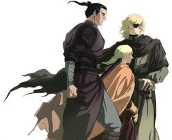  1girl 2boys badeni bandaged_arm bandages black_cloak black_hair blonde_hair braid chi.:_chikyuu_no_undou_ni_tsuite clenched_hand cloak commentary_request cowboy_shot eyepatch facing_to_the_side gloves grey_pants hair_bun highres jolenta long_hair medium_hair multiple_boys non_kibou oczy pants parted_lips pink_cloak ponytail profile scar scar_on_face scar_on_mouth scar_on_nose single_braid tonsure updo white_background 