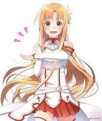  1girl :d armor asuna_(sao) belt blush breastplate breasts brown_eyes brown_hair commentary_request cowboy_shot detached_sleeves dress f-ism floating_hair grey_trim henshin_pose highres knights_of_blood_uniform_(sao) looking_at_viewer lower_teeth_only medium_dress miniskirt notice_lines pleated_skirt red_skirt red_trim simple_background skirt sleeveless sleeveless_dress sleeves_past_wrists small_breasts smile solo straight-on straight_hair sword_art_online teeth thigh-highs tongue tu_tora2 turtleneck turtleneck_dress white_armor white_background white_belt white_dress white_sleeves white_thighhighs wide_hips 