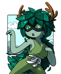 1girl adventure_time antlers breasts colored_sclera colored_skin discount-supervillain domino_mask eye_mask green_eyes green_hair green_sclera green_skin horns huntress_wizard leaf mask plant_hair slit_pupils solo toon_(style) 