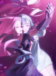  2girls alien_stage artist_name black_gloves black_hair clothing_cutout commentary dancing dress eki_nasu elbow_gloves floating_hair gloves highres mizi_(alien_stage) multiple_girls open_mouth pencil_dress pink_hair shoulder_cutout smile sua_(alien_stage) violet_eyes white_gloves yellow_eyes yuri 