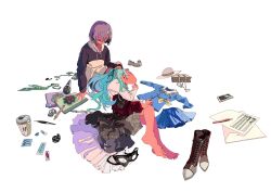  2girls bag bandaid bang_dream! bang_dream!_it's_mygo!!!!! barefoot black_hoodie black_ribbon blue_hair boots can cellphone closed_eyes commentary domino_mask drawstring dress eye_mask full_body grey_hair grey_shirt hair_ribbon hand_on_another's_head highres hood hoodie lap_pillow ligne_claire long_hair long_sleeves lying mask microphone multiple_girls necktie notebook on_side pen pencil_skirt phone ribbon rognize score shirt shoes short_hair simple_background sitting skirt smartphone sticker takamatsu_tomori toes togawa_sakiko unworn_bag unworn_boots unworn_dress unworn_headwear unworn_mask unworn_necktie unworn_shoes unworn_skirt white_background white_shirt 