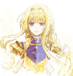  1girl alice_zuberg armor blonde_hair blue_armor blue_eyes blue_jacket braid braided_ponytail commentary_request cropped_arms cuirass gold_armor hair_ribbon hairband highres jacket long_hair long_sidelocks looking_at_viewer parted_lips pauldrons ria1105 ribbon shoulder_armor sidelocks simple_background sketch solo straight-on sword_art_online sword_art_online:_alicization turtleneck turtleneck_jacket upper_body white_background white_hairband white_ribbon yellow_trim 