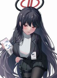  1girl absurdres black_hair black_pantyhose black_skirt blue_archive blush breasts hair_ornament hairclip halo highres hyin large_breasts long_hair long_sleeves looking_at_viewer pantyhose pleated_skirt red_eyes rio_(blue_archive) simple_background skirt solo sweater turtleneck turtleneck_sweater white_background 