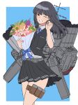  1girl ;) black_hair black_skirt black_vest blue_background blue_ribbon border bouquet brown_eyes cowboy_shot hayashio_(kancolle) highres holding holding_bouquet kantai_collection koureikyou_kou long_hair looking_at_viewer neck_ribbon one_eye_closed pleated_skirt ribbon rigging shirt simple_background skirt smile solo torpedo_tubes vest white_border white_shirt 