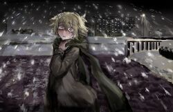  1boy alternate_costume antenna_hair basil_(faraway)_(omori) basil_(omori) blonde_hair blue_eyes blush brown_coat coat crying crying_with_eyes_open double-parted_bangs green_scarf hair_between_eyes highres lamppost long_sleeves looking_at_viewer male_focus night nofu_no0004 omori outdoors parted_lips scarf snow snowing solo tears 