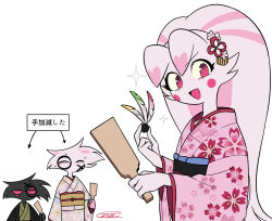  1girl 2boys :d ^_^ angel_dust arackniss arrow_(symbol) black_fur body_writing brother_and_sister brothers circle_facial_mark closed_eyes colored_sclera commentary_request extra_eyes facial_mark feathers fewer_digits flat_chest flat_color floral_print floral_print_kimono flower furry furry_female furry_male gradient_eyes green_kimono hair_flower hair_ornament hands_up hazbin_hotel heart hellaverse highres holding holding_feather horns japanese_clothes kimono long_hair long_sleeves looking_at_viewer menma_(enaic31) molly_(hazbin_hotel) multicolored_eyes multicolored_hair multiple_boys open_mouth pink_eyes pink_hair pink_kimono pink_streaks print_kimono red_sclera siblings signature simple_background smile solo_focus sparkle streaked_hair sweat tareme translation_request twins two-tone_eyes two-tone_hair upper_body v-shaped_eyebrows very_long_hair violet_eyes white_background white_flower white_fur white_hair wide_sleeves yellow_sclera 