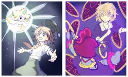  2girls black_bow black_hat black_skirt blonde_hair bow brown_eyes brown_hair collared_dress commentary_request contrast_collar crossover dress gap_(touhou) hair_bow hat hat_bow hoopa hoopa_(confined) jirachi looking_at_another looking_up maribel_hearn medium_hair meme missing_headwear multiple_girls necktie night open_mouth pokemon pokemon_(creature) promotions_(meme) purple_dress re_ghotion red_necktie shirt_tucked_in skirt standing star_(sky) touhou usami_renko white_bow yellow_eyes 