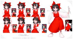  1girl anger_vein angry ascot boots bow brown_eyes brown_hair closed_eyes closed_mouth comedic_sweatdrop commentary_request detached_sleeves embodiment_of_scarlet_devil false_smile full_body gohei hair_bow hair_tubes hakurei_reimu highres holding holding_gohei long_hair medium_hair miraclevoltage multiple_expressions multiple_views official_art_inset red_ascot red_bow red_skirt ribbon-trimmed_sleeves ribbon_trim skirt skirt_set smile touhou white_boots 