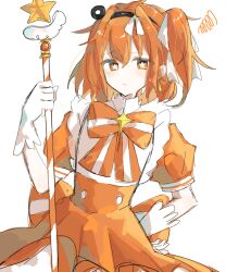  1girl a.i._voice adachi_rei alternate_costume bow bowtie dress gloves highres holding holding_staff ima_sugu_rinne_(vocaloid) looking_at_viewer magical_girl orange_bow orange_bowtie orange_dress orange_eyes orange_hair pon_(4bgp4r1ajk45185) puffy_short_sleeves puffy_sleeves short_sleeves solo staff star-shaped_pupils star_(symbol) striped_bow striped_bowtie striped_clothes symbol-shaped_pupils upper_body utau white_gloves 