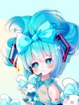  1girl :3 bare_shoulders blue_eyes blue_hair blush bow cinnamiku cinnamoroll closed_mouth commentary_request detached_sleeves drop_shadow gu_gu_da_mo_wang hair_between_eyes hair_bow hair_ornament hatsune_miku head_tilt headset highres holding long_hair looking_at_viewer simple_background twintails upper_body vocaloid 