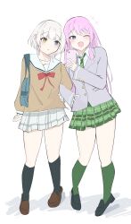  2girls bang_dream! bang_dream!_it's_mygo!!!!! black_shoes black_socks blue_eyes blush bow bowtie brown_shirt brown_shoes chihaya_anon commentary diagonal-striped_clothes diagonal-striped_necktie fang green_necktie green_skirt green_socks grey_jacket grey_skirt hanasakigawa_school_uniform haneoka_school_uniform heterochromia highres jacket kaname_raana loafers long_hair long_sleeves looking_at_viewer melty_lubll multiple_girls necktie one_eye_closed open_mouth pink_hair plaid_clothes plaid_skirt pleated_skirt red_bow red_bowtie sailor_collar school_uniform selfie serafuku shirt shoes short_hair skin_fang skirt socks striped_clothes white_hair white_sailor_collar yellow_eyes 