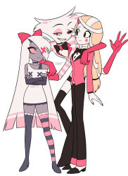 1boy 2girls :d absurdres angel_dust arm_around_shoulder arms_at_sides asymmetrical_footwear bare_shoulders black_boots black_bow black_bowtie black_choker black_eyes black_nails black_pants black_sclera black_shoes black_skirt blonde_hair blunt_ends boots bow bowtie bra_strap breasts brooch buttons charlie_morningstar choker circle_facial_mark closed_mouth collarbone colored_inner_hair colored_sclera colored_skin commentary_request crossdressing crossdressing_(mtf) crossed_arms dress elbow_gloves elbow_rest extra_arms eye_contact eyeshadow facial_mark fewer_digits fingerless_gloves flat_color frilled_boots frilled_dress frills frown furry furry_male gloves grey_boots grey_choker grey_gloves grey_skin grin hair_bow hair_over_one_eye half-closed_eyes hazbin_hotel hellaverse high_heels highres jacket jewelry knees_apart_feet_together lapels layered_sleeves legs_apart legs_together long_hair looking_at_another looking_down looking_to_the_side looking_up low-tied_long_hair makeup menma_(enaic31) miniskirt mismatched_footwear mismatched_sclera multicolored_hair multicolored_thighhighs multiple_girls nail_polish no_pupils notched_lapels one_eye_covered pants pencil_skirt petite pink_boots pink_eyeshadow pink_hair pink_jacket pink_sclera prototype_design raised_inner_eyebrows red_bow red_eyes red_gloves red_hair sharp_teeth shirt shoes short_sleeves signature simple_background skinny skirt small_breasts smile streaked_hair striped_clothes striped_footwear tareme teeth thigh_boots traditional_bowtie tsurime turtleneck turtleneck_shirt two-tone_hair two-tone_thighhighs v-shaped_eyebrows vaggie very_long_hair waving white_background white_dress white_fur white_hair white_shirt white_skin white_streaks x_(symbol) yellow_eyes yellow_sclera zettai_ryouiki 