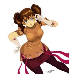  1girl artix_entertainment brown_hair dragonfable dress drill_hair frills glasses gloves grey_eyes highres jon_aron looking_at_viewer loremaster_maya orange_dress red_skirt skirt thigh-highs twin_drills white_background white_gloves 