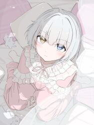  1girl :3 bang_dream! bang_dream!_it's_mygo!!!!! blue_eyes commentary heterochromia highres interlocked_fingers kaname_raana looking_at_viewer melty_lubll no_shoes pajamas pants pink_pants pink_shirt raana_the_cat shirt short_hair sitting socks soles solo stuffed_animal stuffed_cat stuffed_toy white_hair white_socks yellow_eyes 