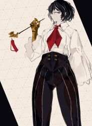  1girl black_hair black_pants bow bowtie collared_shirt commentary gloves highres holding holding_smoking_pipe limbus_company llamas_yes long_sleeves moses_(project_moon) multicolored_hair pants profile project_moon red_bow red_bowtie shirt short_hair smoking_pipe solo streaked_hair striped_clothes striped_pants the_distortion_detective vertical-striped_clothes vertical-striped_pants white_background white_shirt yellow_gloves 