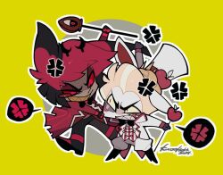  2024 2boys alastor_(hazbin_hotel) anger_vein animal_ears antlers artist_name black_boots black_bow black_bowtie black_pants black_shoes blonde_hair boots bow bowtie cheek_pull chibi chinese_commentary clenched_teeth coat colored_sclera colored_skin colored_teeth commentary_request deer_antlers deer_boy deer_ears eyeshadow furrowed_brow grabbing_another's_ear grey_background grey_skin hand_on_another's_ear hand_on_another's_face hat hazbin_hotel heiwei_she_xiong hellaverse horns lucifer_morningstar_(hazbin_hotel) makeup male_focus monocle multiple_boys outline pants red-tinted_eyewear red_eyes red_eyeshadow red_hair red_oat red_sclera sharp_teeth shoes short_hair simple_background spoken_anger_vein striped_clothes striped_vest teeth tinted_eyewear top_hat traditional_bowtie two-tone_background vest white_coat white_hat white_outline white_pants white_skin yellow_background yellow_teeth 