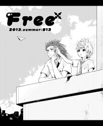  2013 2boys alternate_costume axel_(kingdom_hearts) breast_pocket clouds cloudy_sky commentary_request cover cover_page day doujin_cover elbow_rest english_text facial_mark greyscale hair_slicked_back hand_on_own_chin height_difference kingdom_hearts kingdom_hearts_ii light_smile looking_to_the_side male_focus medium_hair monochrome multiple_boys necktie object_in_pocket open_mouth outdoors paper_airplane pen_in_pocket plaid_clothes plaid_necktie pocket roxas school_uniform screentones sky spiky_hair summer throwing upper_body yubon 