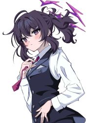  1girl adjusting_clothes adjusting_necktie amanotti_01 black_pants black_vest blue_archive commentary_request hair_between_eyes halo haruka_(blue_archive) haruka_(suit)_(blue_archive) highres long_hair necktie pants purple_hair purple_halo purple_necktie shirt simple_background solo vest violet_eyes white_background white_shirt 