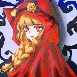  1girl animal_ear_hood animal_ears asymmetrical_eyewear black-framed_eyewear blonde_hair blue_background braid brown_eyes chinese_commentary cloak closed_mouth commentary_request eyelashes floral_print flower flower-shaped_eyewear goggles goggles_on_headwear hair_over_shoulder hair_tubes happy heart heart-shaped_eyewear highres hood hood_up hooded_cloak infinity_nikki lipstick long_hair makeup nikki_(series) print_cloak red_cloak red_lips rose rose_print shadow she_is_wildfire_(infinity_nikki) smile solo thorns tushanjiuweihu twin_braids upper_body very_long_hair wolf_ears yellow_flower yellow_rose 