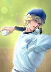  1boy ball baseball baseball_(object) baseball_cap baseball_jersey baseball_uniform blonde_hair blue_eyes blue_hat blurry blurry_background chinese_commentary cloud_strife commentary_request final_fantasy final_fantasy_vii hat highres holding holding_ball jersey long_sleeves looking_to_the_side male_focus parted_lips shirt short_hair short_sleeves shorts solo sportswear throwing upper_body white_shirt white_shorts zzys1118 