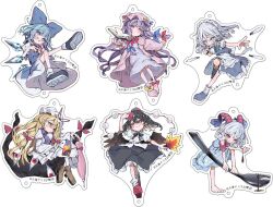  6+girls apron barefoot bird_wings black_bow black_bowtie black_shoes black_skirt blonde_hair blue_bow blue_dress blue_eyes blue_hair blue_shoes blue_skirt blue_vest blush book boots bow bowtie braid cirno closed_mouth closed_umbrella commentary_request crescent crescent_hat_ornament curly_hair deformed detached_wings dress eye_print footwear_bow frilled_skirt frills full_body gap_(touhou) geta green_bow green_ribbon grey_hair grin hair_bow hat hat_ornament hat_ribbon hauchiwa holding holding_knife holding_umbrella horn_ornament horn_ribbon horns ice ice_wings izayoi_sakuya kararage_tsune knife long_hair looking_at_viewer maid maid_headdress meandros mob_cap multiple_girls multiple_hair_bows neck_ribbon patchouli_knowledge pinafore_dress pink_boots pointy_ears pom_pom_(clothes) puffy_short_sleeves puffy_sleeves purple_hair purple_tabard rectangular_pupils red_bow red_bowtie red_eyes red_hat red_horns red_ribbon red_sleeves ribbon second-party_source shameimaru_aya sheep_horns shirt shoes short_sleeves skirt sleeveless sleeveless_dress smile socks tabard tengu-geta toes tokin_hat touhou toutetsu_yuuma twin_braids umbrella vest violet_eyes waist_apron white_dress white_shirt white_socks wings yakumo_yukari 