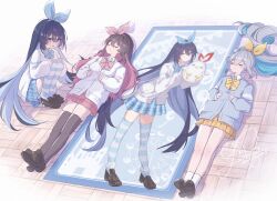 3girls alternate_costume black_hair black_shoes black_thighhighs blue_hair bow bowtie bronya_zaychik closed_eyes closed_mouth colored_inner_hair commentary_request grey_hair highres honkai_(series) honkai_impact_3rd jingwei_(bird) loafers long_hair looking_at_another lying multicolored_hair multiple_girls official_alternate_costume official_art_inset red_hair rinna_(xxrinna) school_uniform seele_(alter_ego) seele_vollerei shirt shoes smile socks squatting striped_clothes striped_thighhighs thigh-highs very_long_hair white_shirt white_socks zettai_ryouiki 