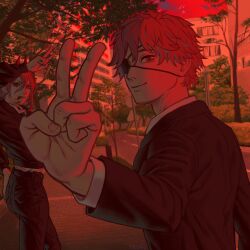  1boy 1girl absurdres black_jacket black_pants building chainsaw_man city closed_mouth demon_girl demon_horns denji_(chainsaw_man) evening eyepatch grey_eyes highres horns jacket light_smile long_hair outdoors pants phosmic power_(chainsaw_man) red_eyes red_hair road road_sign short_hair sign simple_bird street suit_jacket tree v 