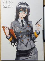  1girl aiguillette alternate_costume art_tools_in_frame artist_name black_hair black_jacket black_necktie black_skirt buttons collared_shirt commentary_request dated double-breasted glasses hairband highres hisama_tomoki holding holding_pen jacket japan_maritime_self-defense_force japan_self-defense_force kantai_collection long_hair long_sleeves looking_at_viewer marker_(medium) military military_dress_uniform military_rank_insignia military_uniform naval_dress_uniform naval_uniform necktie one-hour_drawing_challenge ooyodo_(kancolle) ooyodo_kai_(kancolle) pen pencil_skirt ribbon_bar shirt simple_background skirt solo traditional_media white_background white_hairband white_shirt 
