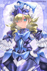  1girl absurdres armor blonde_hair blue_armor blue_eyes blunt_bangs blush breasts closed_mouth commentary_request drill_hair fire_emblem fire_emblem_engage frilled_headwear frills gloves green_eyes hair_over_one_eye hands_on_own_hips highres long_hair looking_at_viewer madeline_(fire_emblem) smile solo two-tone_headwear wade_(njud8343) wavy_hair 